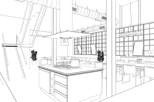 Design d'intérieur moderne Loft Cuisine personnalisé Dessin — Photo