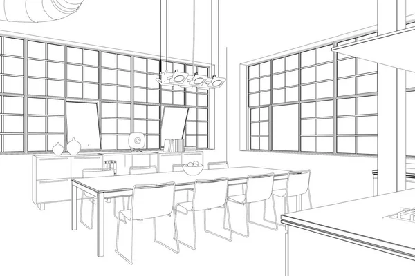 İç tasarım modern Loft yemek odası özel çizim — Stok fotoğraf