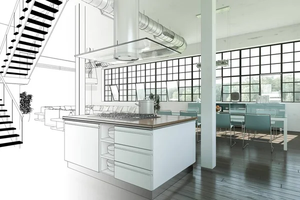 İç tasarım Modern Loft çizim geçiş fotoğraf içine