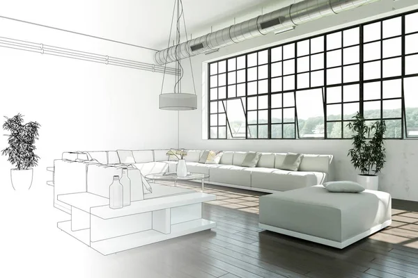 İç tasarım Modern Loft çizim geçiş fotoğraf içine