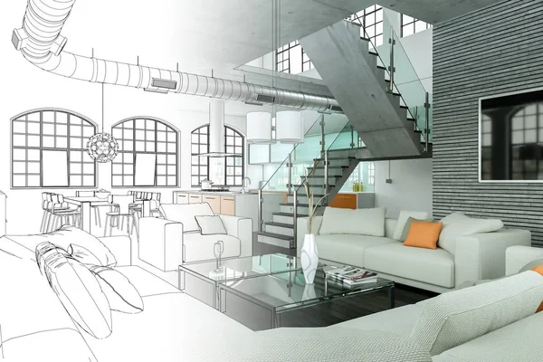 İç tasarım Modern Loft çizim geçiş fotoğraf içine