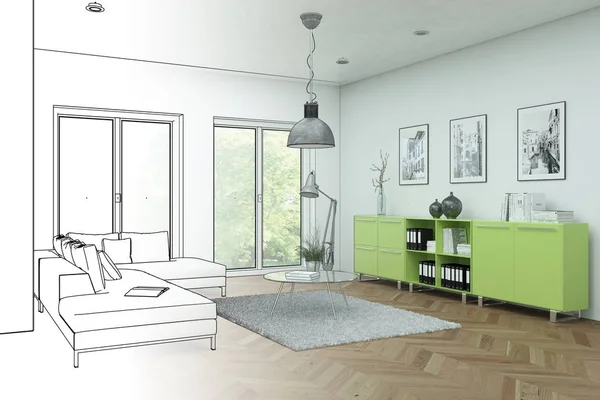 Interieur Design moderne Loft tekening gradatie in foto — Stockfoto