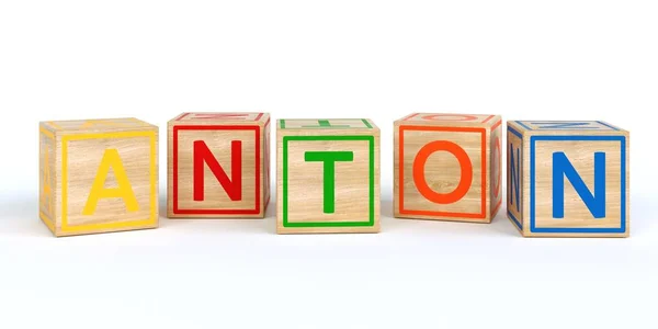 O nome anton escrito com cubos de brinquedo de madeira isolados — Fotografia de Stock