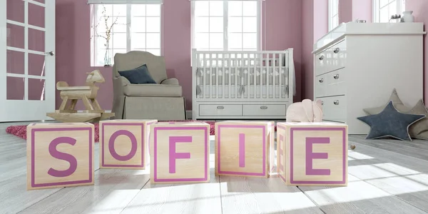 Der Name Sofie geschrieben mit Holzwürfeln im Kinderzimmer — Stockfoto