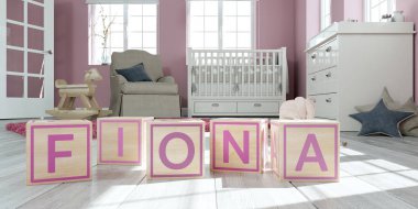 Adı fiona çocuk odasında ahşap oyuncak küpleriyle yazılı
