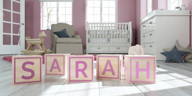 Adı sarah çocuk odasında ahşap oyuncak küpleriyle yazılı