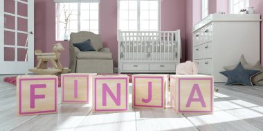 Çocuk odasında ahşap oyuncak küpleriyle yazılı adı finja