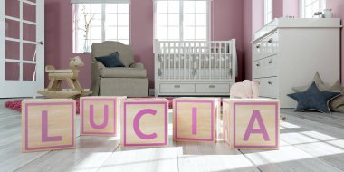 Adı çocuk odasında ahşap oyuncak küpleriyle yazılı lucia