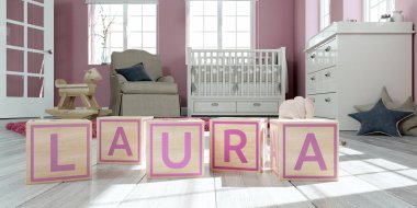 Adı laura çocuk odasında ahşap oyuncak küpleriyle yazılı