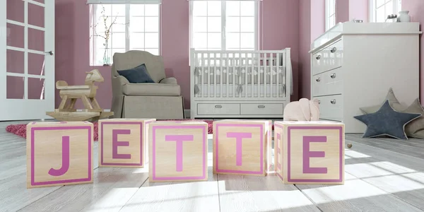 Der mit Holzwürfeln geschriebene Name Jette im Kinderzimmer — Stockfoto