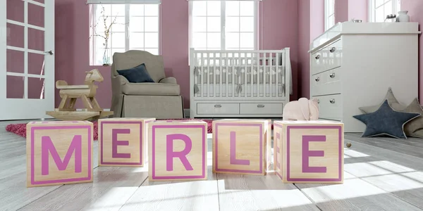 Merle jméno napsané s dřevěná hračka kostky do dětského pokoje — Stock fotografie