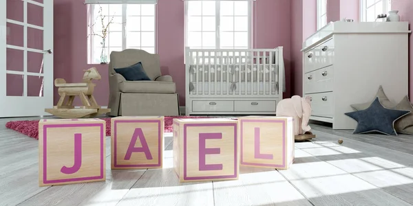 Der mit Holzwürfeln im Kinderzimmer geschriebene Name jael — Stockfoto