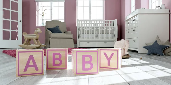 The name abby written with wooden toy cubes in childrens room — Stock Photo, Image