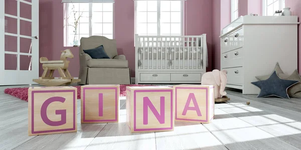 Der Name gina geschrieben mit Holzwürfeln im Kinderzimmer — Stockfoto