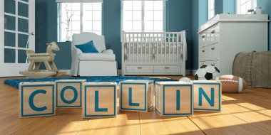 Adı collin çocuk odasında ahşap oyuncak küpleriyle yazılı