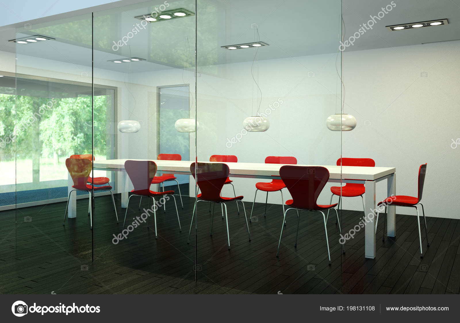 Modern Dining Room Interior Design Big Table Behind Glas