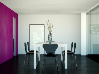 Modern yemek odası iç tasarım büyük tablo glas arkasında