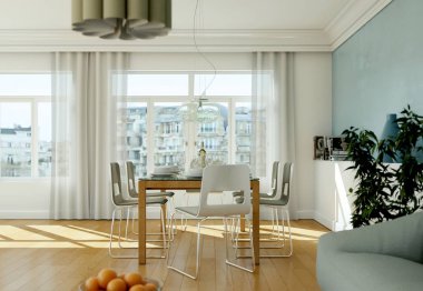 Mavi duvar ile yemek odası iç tasarım