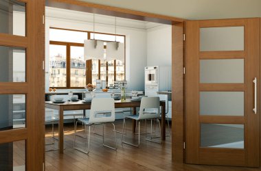 güzel bir tasarım ile bir evde yemek masası