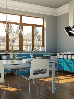 Güzel bir tasarım ile bir evde mavi modern mutfak