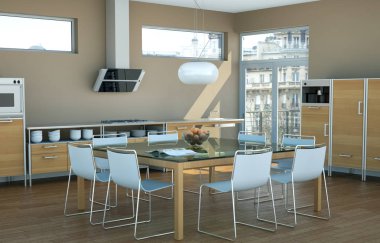 Beyaz modern mutfak kahverengi duvarlı bir evde