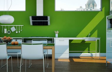 Beyaz modern mutfak yeşil duvarları olan bir evde