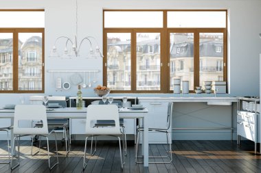 Güzel bir tasarım ile bir evde beyaz modern mutfak