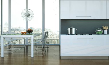 Beyaz modern tasarımı ile bir ev mutfağında