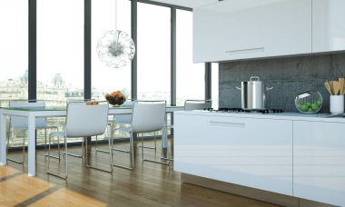 Beyaz modern tasarımı ile bir ev mutfağında