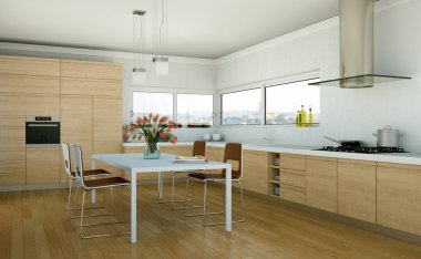 güzel bir tasarım ile bir evde ahşap modern mutfak