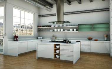 Güzel bir tasarım ile bir evde beyaz modern mutfak