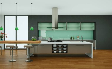 çatı katında Gri duvarlar ile modern mutfak 3D çizimi