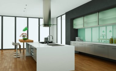 çatı katında Gri duvarlar ile modern mutfak