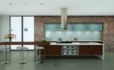 Taş duvar ile bir çatı katında ahşap modern mutfak