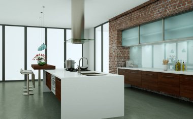 Taş duvar ile bir çatı katında ahşap modern mutfak