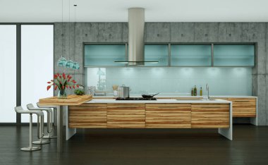 Çatı katında beton duvar ile ahşap modern mutfak