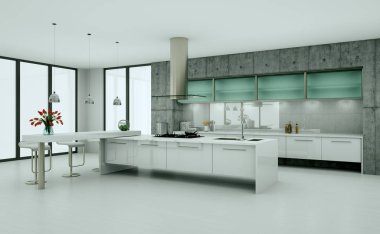 Beyaz modern mutfak bir çatı katında beton duvar ile