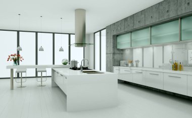 Beyaz modern mutfak bir çatı katında beton duvar ile