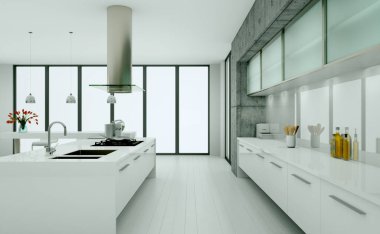 Beyaz modern mutfak bir çatı katında beton duvar ile