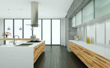 Çatı katında beton duvar ile ahşap modern mutfak