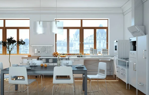 Cucina moderna bianca in una casa con un bel design — Foto Stock