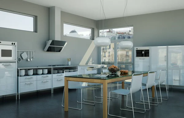 White modern kitchen in a loft with a beautiful design — Stock Photo, Image