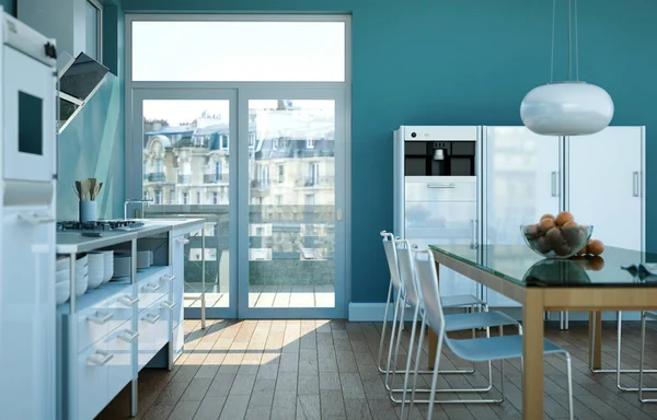 Cocina moderna blanca en una casa con paredes azules — Foto de Stock