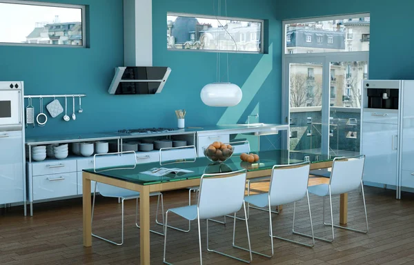 Cocina moderna blanca en una casa con paredes azules — Foto de Stock