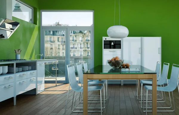 Beyaz modern mutfak yeşil duvarları olan bir evde