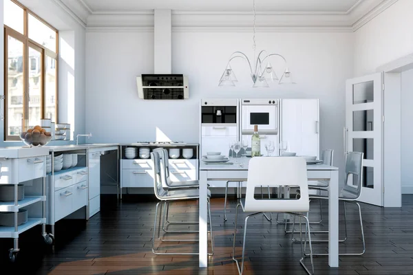 Cocina moderna blanca en una casa con un hermoso diseño — Foto de Stock