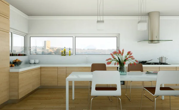 Cuisine moderne en bois dans une maison avec un beau design — Photo