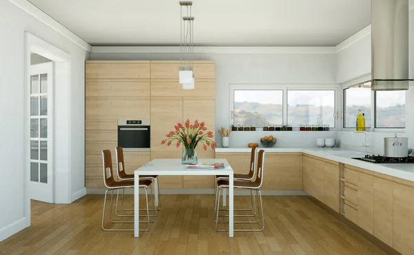 Cucina moderna in legno in una casa con un bel design — Foto Stock