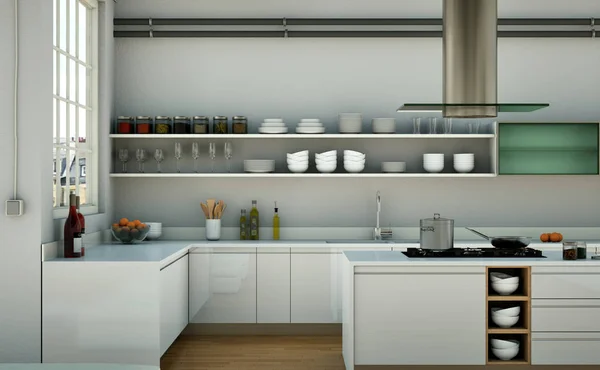 Witte moderne keuken in een huis met een prachtig design — Stockfoto