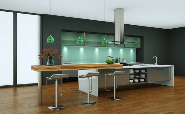 Cozinha moderna em um sótão com paredes cinzentas — Fotografia de Stock